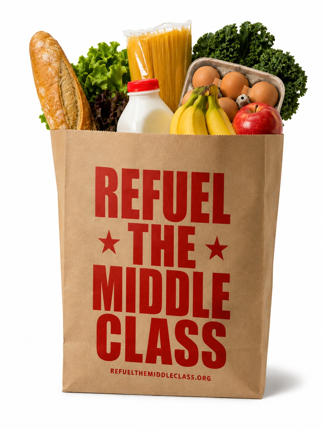 Brown grocery bag filled with everyday groceries branded Refuel The Middle Class