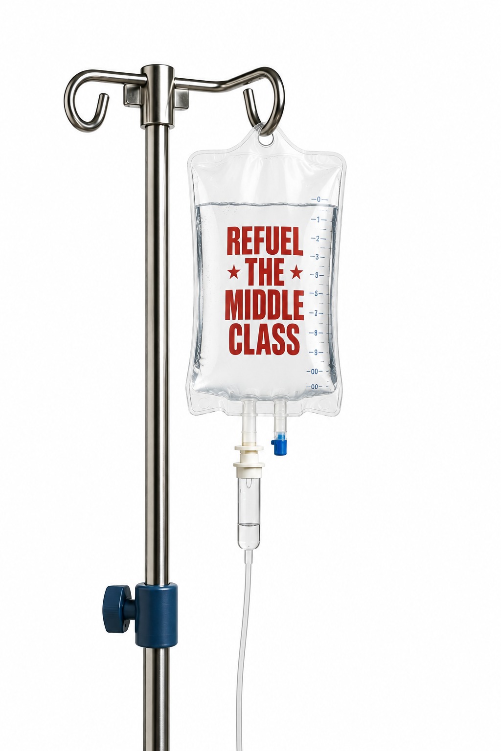 IV drip bag on stand branded Refuel The Middle Class